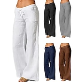 cheap Plain Cotton Linen Pant-Women&#039;s Plus Size Cotton Linen Pants High Waist Solid Color Drawstring Wide Leg Comfy Breathable Quick Dry Micro-elastic Black White Dark Navy Blue Summer Spring Fall Loose Fit