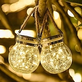 abordables Luces de cuerda solar-Luces solares para tarros de grietas, bola colgante de cristal, linternas solares led, lámpara solar de los deseos, lámpara impermeable para exteriores, decoración de jardín, luces de árbol, fiesta de