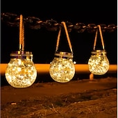abordables Luces de cuerda solar-Luces solares para tarros de grietas, bola colgante de cristal, linternas solares led, lámpara solar de los deseos, lámpara impermeable para exteriores, decoración de jardín, luces de árbol, fiesta de