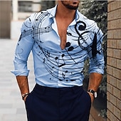 billiga Musik och gitarrer-Herr Musik Noteringar Skjorta Knapp upp skjorta Långärmad Mode Designer Ledigt Utomhus Ledigt Helgdag Sommar Vår Nedvikt Mönster Button-Down Vit Rodnande Rosa Blå Purpur
