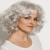 abordables perruque plus âgée-perruques courtes bouclées grises pour les femmes blanches argent blanc mélangé brun perruque bob ondulé avec une frange perruque de remplacement de cheveux synthétiques perruques de fête de noël