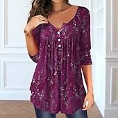 abordables T-shirt floral-Femme T shirt Hauts habillés Floral Tuniques basique manche longue Col Rond Hauts réguliers Vacances Fin de semaine Boutons Imprimer Tunique fluide Jaune Rose Claire Bleu Violet Vert Automne hiver