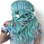 economico Parrucche trendy sintetiche-capelli lunghi blu ondulati parrucche per le donne parrucca corlorful misto blu verde grigio viola colore dei capelli parte centrale parrucche sintetiche in fibra resistente al calore capelli per la