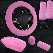 cheap Steering Wheel Covers-6 Pcs/Set Fluffy Faux Wool Car Steering Wheel Cover  Furry Seatbelt Shoulder Pads Auto Center Console Armrest Pads Gear Shift Knob Cover Handbrake Cover Universal Warm Winter