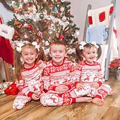 cheap Pajamas-Family Christmas Family Pajamas Pajamas Graphic Deer Home Print Red Long Sleeve Active Matching Outfits