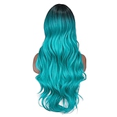 economico Parrucche trendy sintetiche-ombre bluastro parrucca verde ondulata lunga parte centrale parrucca teal blue wig resistente al calore capelli sintetici sirena parrucche per le donne festa di natale parrucche