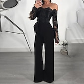 preiswerte Blusenanzüge für Damen-Damen Jumpsuit mit Spitze, bestickt, Blumenmuster, schulterfrei, elegant, Weihnachten, Hochzeit, Party, normale Passform, langärmlig, schwarz, weinrot, blau, S, M, L, Herbst