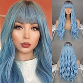 abordables Perruques Synthétiques Sans Bonnet-longue perruque vert foncé avec une frange ombre perruque verte bouclée pour les femmeslongue perruque cosplay vert foncé synthétique naturel à la recherche de perruques quotidiennes et de fête de