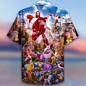 preiswerte Bedruckte Herrenhemden-Herren Mensch Jesus Hemd Hawaiihemd Sommerhemd Knopfhemd Modisch Designer Brautkleider schlicht Outdoor Strasse Casual Sommer Umlegekragen 3D Button-Down Blau Grün Regenbogen Dunkelgray