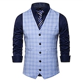 cheap Men&#039;s Waistcoat-Men&#039;s Vest Waistcoat Wedding Office &amp; Career Daily Wear Going out Business Retro Fall &amp; Winter Button Pocket Polyester Outdoor Comfortable Casual Plaid Single Breasted V Wire Regular Fit Light Blue