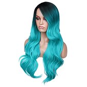 economico Parrucche trendy sintetiche-ombre bluastro parrucca verde ondulata lunga parte centrale parrucca teal blue wig resistente al calore capelli sintetici sirena parrucche per le donne festa di natale parrucche