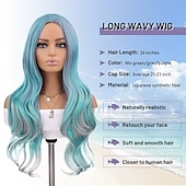 economico Parrucche trendy sintetiche-capelli lunghi blu ondulati parrucche per le donne parrucca corlorful misto blu verde grigio viola colore dei capelli parte centrale parrucche sintetiche in fibra resistente al calore capelli per la