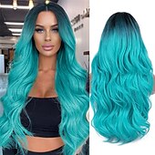 economico Parrucche trendy sintetiche-ombre bluastro parrucca verde ondulata lunga parte centrale parrucca teal blue wig resistente al calore capelli sintetici sirena parrucche per le donne festa di natale parrucche