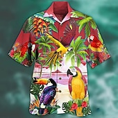 billiga Fåglar &amp; Djur-Herr Djur Papegoja Palmblad Skjorta Hawaii skjorta Lägerskjorta Kortärmad Skjorta Nedvikt Mode Designer Ledigt Utomhus Gata Ledigt Sjöblå Havsblått Rubinrött 3D-tryck S M L