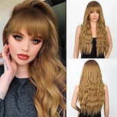 baratos Perucas Sintéticas sem Touca-peruca branca ombre perucas longas onduladas com franja para mulheres peruca loira platina longa perucas de cabelo sintético resistente ao calor de aparência natural para peruca de festa diária 26