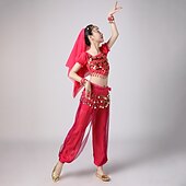 お買い得  キッズ用ダンスウェア-ベリーダンス 上着 スプライシング スパンコール 女の子 性能 訓練 半袖 ポリエステル スパンコール