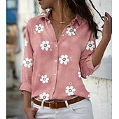 baratos Tops Florais-Camisa Feminina Floral Impressão Floral Básica Manga Longa Gola da Camisa Diária Botões Rosa Azul Verde Cinza Primavera Outono Primavera Outono Inverno Verão