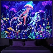 abordables Tapisseries à la lumière noire-méduse astronaute lumière noire uv réactif tapisserie psychédélique trippy dortoir salon art décoration tissu suspendu