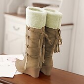 abordables Botas de nieve e invierno-Mujer Botas Botas de nieve Botas tipo suéter Zapatos de gamuza Exterior Diario Bloque de color Botas hasta la rodilla Invierno Borla Con Cordón Tacón Cuña Dedo redondo Casual Zapatos de Paseo Ante
