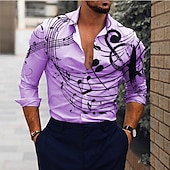 billiga Musik och gitarrer-Herr Musik Noteringar Skjorta Knapp upp skjorta Långärmad Mode Designer Ledigt Utomhus Ledigt Helgdag Sommar Vår Nedvikt Mönster Button-Down Vit Rodnande Rosa Blå Purpur