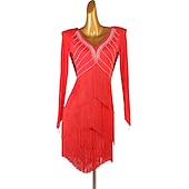 economico Abbigliamento balli latino-americani-Abito da ballo latino con frange e nappe divise con cristalli/strass, allenamento prestazionale da donna, manica lunga, rete in chinlon