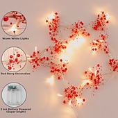 お買い得  電池式-クリスマスレッドベリーガーランドライト ledフェアリーストリングライト 5m-50leds 3m-30leds クリスマスデコレーション リモートコントロール バッテリー駆動 8モード 屋外防水ホリデーライト 誕生日パーティーの装飾