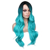 economico Parrucche trendy sintetiche-ombre bluastro parrucca verde ondulata lunga parte centrale parrucca teal blue wig resistente al calore capelli sintetici sirena parrucche per le donne festa di natale parrucche