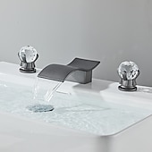 cheap Multi Holes-Bathroom Sink Faucet with Two Crystal Knob Handles Waterfall Matte Black/Chrome Deck Mounted Widespread 3 Holes Bathroom Faucets for Bathtub or Sink
