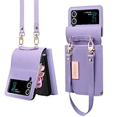お買い得  サムスン用ケース-電話 ケース 用途 サムスンのギャラクシー Zフリップ6 Z Flip 5 Z Flip 4 Z Flip 3 ウォレットカードケース バンパーフレーム 全身保護 リストストラップ付き ソリッド PUレザー