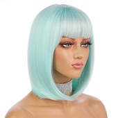 voordelige Synthetische trendy pruiken-korte bob haar pruiken 12 recht met platte pony synthetische kleurrijke cosplay dagelijkse feestpruik voor vrouwen natuurlijk als echt haar