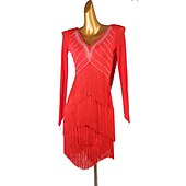 economico Abbigliamento balli latino-americani-Abito da ballo latino con frange e nappe divise con cristalli/strass, allenamento prestazionale da donna, manica lunga, rete in chinlon