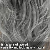 economico Parrucche trendy sintetiche-parrucche grigie lunghe a strati per le donne parrucche ondulate d&#039;argento parrucca di capelli sintetici naturali per l&#039;uso quotidiano delle feste parrucche per feste di natale