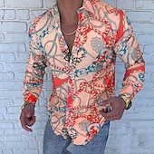 preiswerte Ethnisches Muster-Herren Hemd Knopfhemd Langarm Designer Punk &amp; Gothic Ausgehen Frühling Sommer Stehkragen Patchwork Bedruckt Gelb Rote Blau Purpur