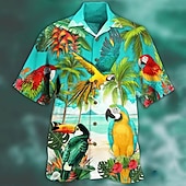 billiga Fåglar &amp; Djur-Herr Djur Papegoja Palmblad Skjorta Hawaii skjorta Lägerskjorta Kortärmad Skjorta Nedvikt Mode Designer Ledigt Utomhus Gata Ledigt Sjöblå Havsblått Rubinrött 3D-tryck S M L