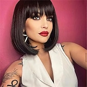 billige Syntetiske trendy parykker-rosa bob parykker med smell 12 tommer korte rett bob parykker fargerik syntetisk cosplay daglig fest parykk for kvinner