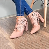 cheap Ankle Boots-Women&#039;s Black Cutout Block Heel Pumps – Stylish Pointed Toe Shoes with Floral Design for Parties or Evening Wear