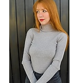 voordelige Effen kleuren-Dames Trui Basic Casual Effen Kleur Geribd Coltrui Gebreid Dun Lange mouw breien Dagelijks Zwart Wit Herfst Winter