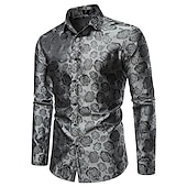 cheap Men&#039;s Tuxedo Shirts-Men&#039;s Prom Shirt Satin Silk Shirt Graphic Wedding Party Silver Black Wine Navy Blue Long Sleeve Turndown Clothing Apparel Button-Down