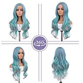 economico Parrucche trendy sintetiche-capelli lunghi blu ondulati parrucche per le donne parrucca corlorful misto blu verde grigio viola colore dei capelli parte centrale parrucche sintetiche in fibra resistente al calore capelli per la