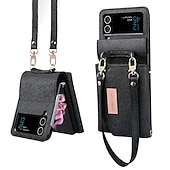 お買い得  サムスン用ケース-電話 ケース 用途 サムスンのギャラクシー Zフリップ6 Z Flip 5 Z Flip 4 Z Flip 3 ウォレットカードケース バンパーフレーム 全身保護 リストストラップ付き ソリッド PUレザー