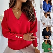 preiswerte Grafische Muster und Details-Damenbluse mit V-Ausschnitt, lange Ärmel, geknöpfte Manschetten, lässiges, elegantes Oberteil in Rot, Blau, Weiß, Schwarz, Grün, weiche, bequeme Passform, vielseitig einsetzbar für alle Jahreszeiten