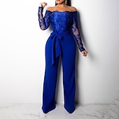 preiswerte Blusenanzüge für Damen-Damen Jumpsuit mit Spitze, bestickt, Blumenmuster, schulterfrei, elegant, Weihnachten, Hochzeit, Party, normale Passform, langärmlig, schwarz, weinrot, blau, S, M, L, Herbst