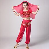 お買い得  キッズ用ダンスウェア-ベリーダンス 上着 スプライシング スパンコール 女の子 性能 訓練 半袖 ポリエステル スパンコール