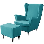 billiga Fåtöljskydd och armlöst stoltäckning-vingstolsöverdrag set vinrött stretch wingback stol överdrag och ottomansk överdrag, sammet wing rygg stolsöverdrag maskintvättbar fåtölj stolsöverdrag för strandmon stol