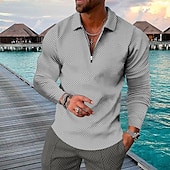 preiswerte Urlaub-Herren Geometrisch Hawaiianische Polohemden Golfshirt Langarm Polo-Shirts Hemden mit Kragen Lässig Strandbekleidung Urlaubskleidung Party-Outfits 3D-Druck Viertelreißverschluss-Poloshirt Gelb Rote