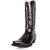 levne Cowboy &amp; Western Boots-pánské klasické hnědé westernové kovbojské boty z umělé kůže - reliéfní vzor, špičatá špička a střední podpatek pro rodeo, ranč a běžné nošení
