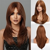 cheap Synthetic Trendy Wigs-Red Wigs for WomenLong Layered Wigs with Bangs Heat Resistant Synthetic Fibre Wigs Halloween Cosplay Party Wigs