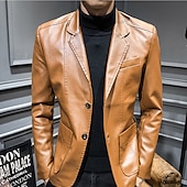 halpa Miesten Klassiset Bleiserit-Miesten Nahkatakit Bleiseri Toimisto &amp; ura Arki-asut Lämmin Tasku Painike alas 봄 &amp; Syksy Yksivärinen / yksivärinen Tyylikäs Lämmittely Sänkyjen avaus Tekonahka Viini Musta khaki Tumman sininen Jackets