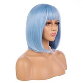 voordelige Synthetische trendy pruiken-korte bob haar pruiken 12 recht met platte pony synthetische kleurrijke cosplay dagelijkse feestpruik voor vrouwen natuurlijk als echt haar