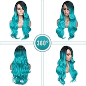 economico Parrucche trendy sintetiche-ombre bluastro parrucca verde ondulata lunga parte centrale parrucca teal blue wig resistente al calore capelli sintetici sirena parrucche per le donne festa di natale parrucche